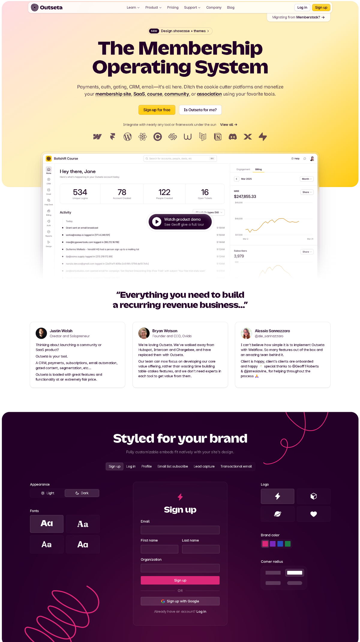 Screenshot of Outseta, from the homepage examples collection.