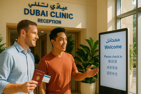 Two men stand at the reception of Dubai Clinic, one holding a passport and card while the other points at a digital welcome sign.