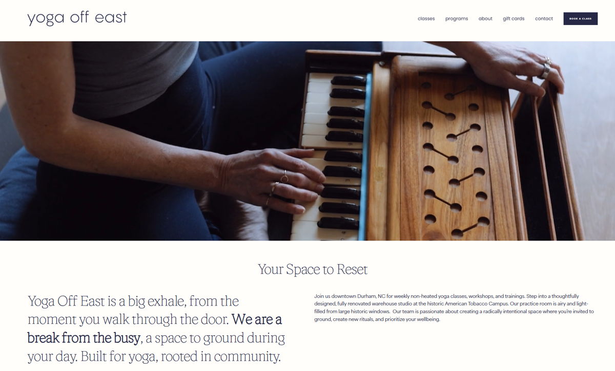 Screenshot of Yoga Off East, from the squarespace yoga websites collection.