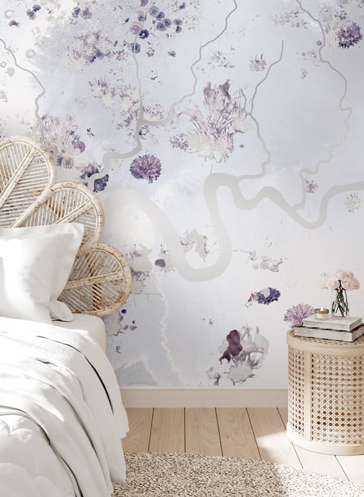 abstract metallic river and flower wall mural
