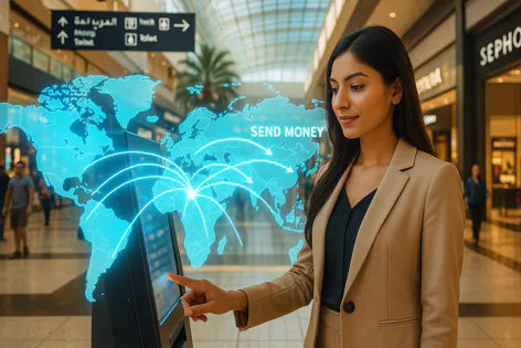 Young woman in a blazer interacts with a digital kiosk showing a glowing world map animation and "SEND MONEY" text in a modern mall.
