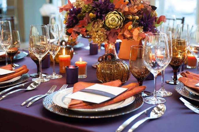 purple duchess satin tablecloth on a served table with candles