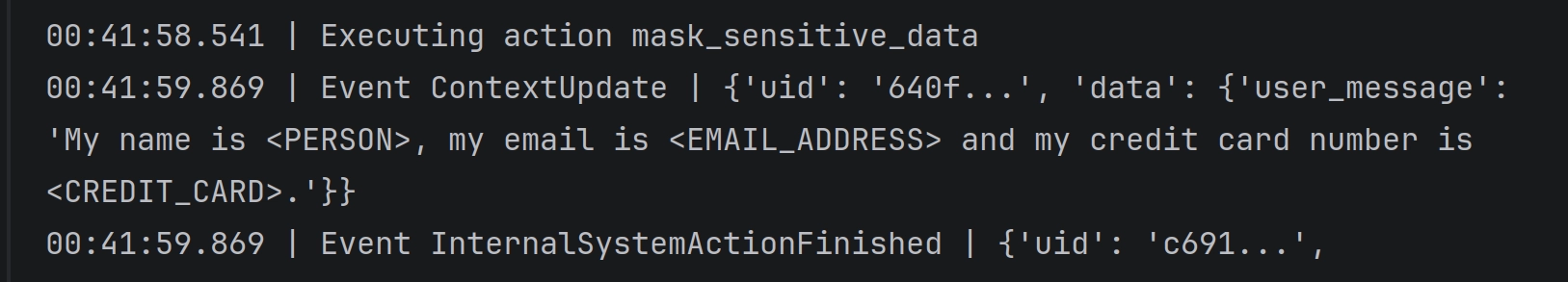 Verbose mode logs showing the redacted email and credit card number.