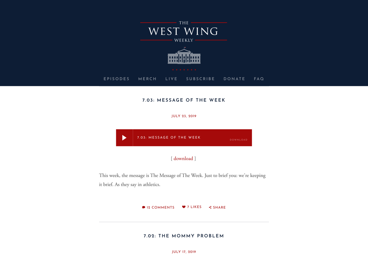 Screenshot of The West Wing Weekly, from the squarespace podcast websites collection.
