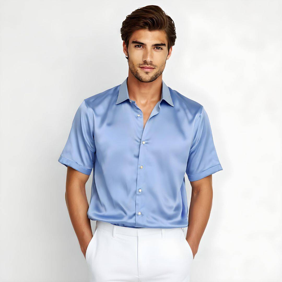 model wearing a short sleeve baby blue silk shirt for men from 1000 kingdoms