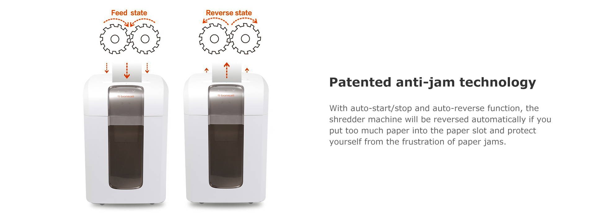 Patented anti-jam technology With auto-start/stop and auto-reverse function, the shredder machine will be reversed automatically if you put too much paper into the paper slot and protect yourself from the frustration of paper jams.