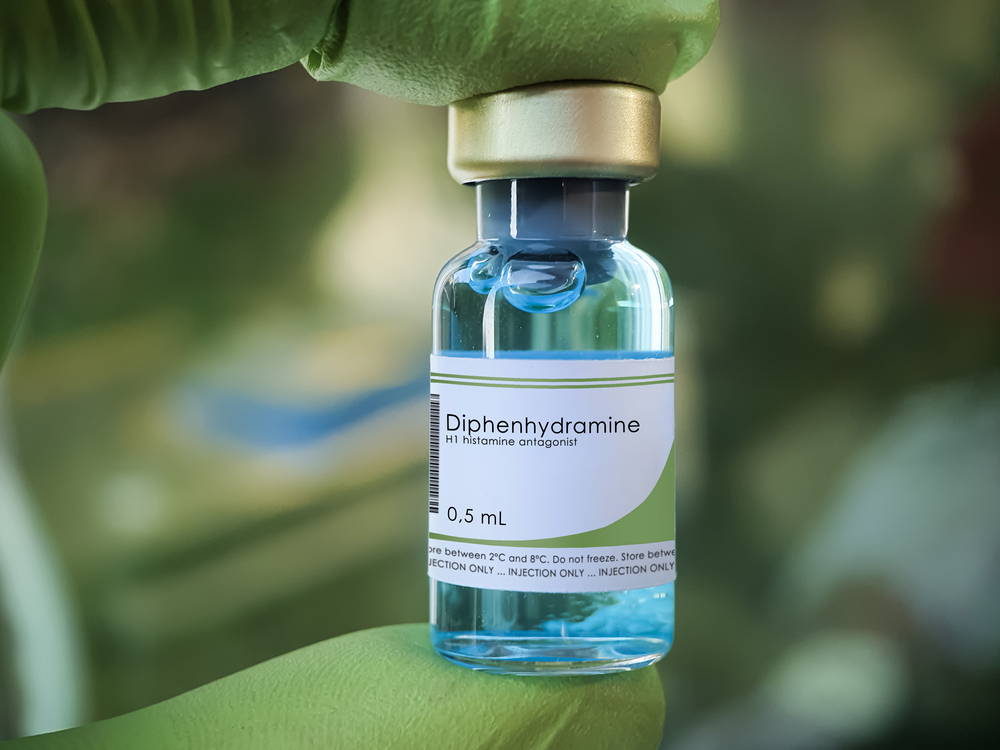 Vial of diphenhydramine drug for dog allergies