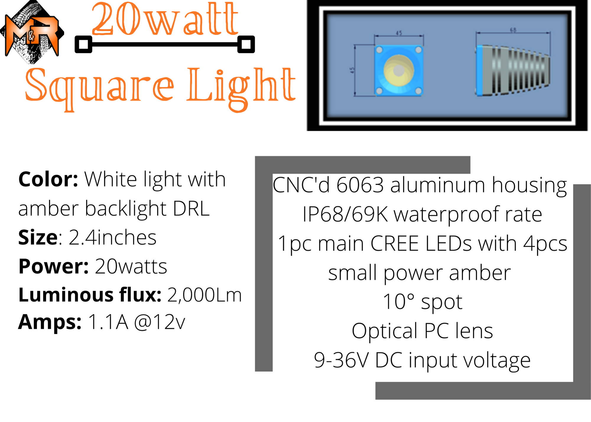 20watt square light for fog light kit by m&R automotive