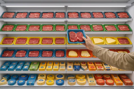 Hand holds a package of two raw beef steaks from a brightly lit supermarket refrigerator display filled with packaged meat and various cheese products.