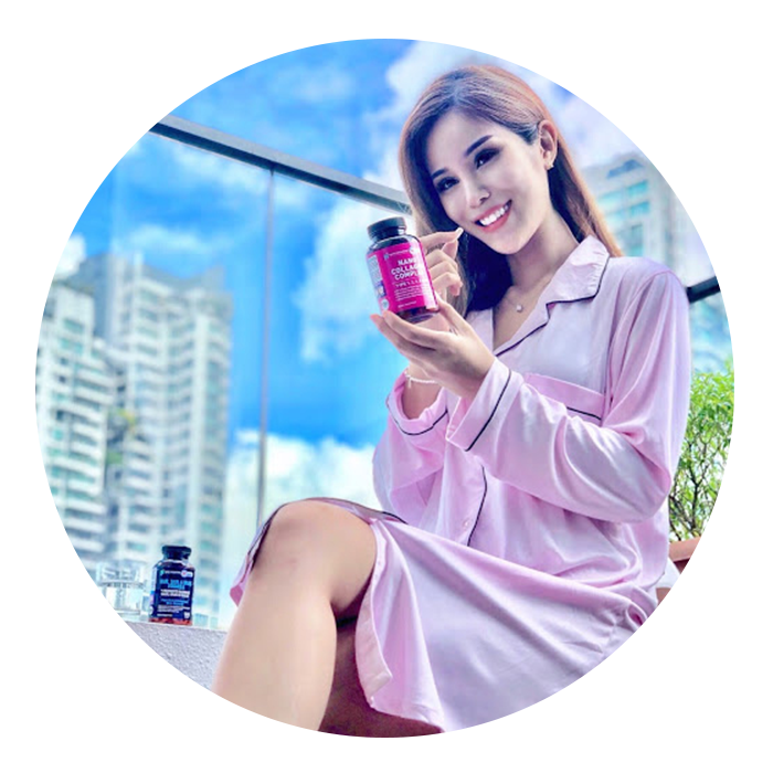Mrs. Beautiful Skin holding a bottle of Nano Singapore's best collagen supplement singapore 
