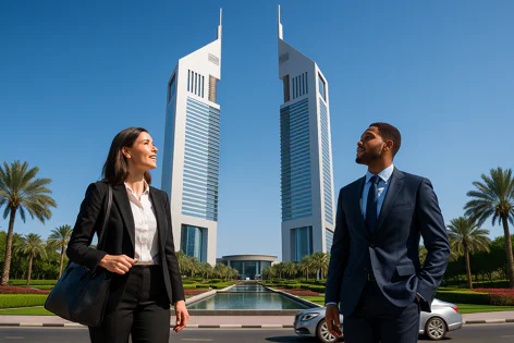 A man and woman in professional business attire stand on a street looking at modern twin towers with palm trees and a water feature.