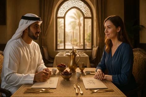A man in white traditional Arab attire and a woman in blue share dates and coffee at a table in a luxury restaurant with an arched window view of palm trees.