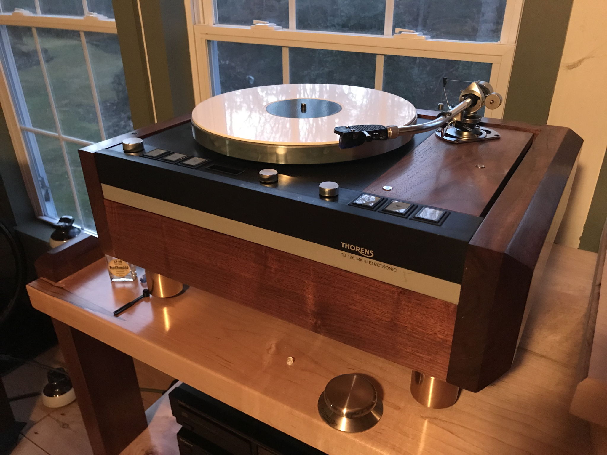 thorens td126 mkIII SME3009 tonearm with custom walnut and maple plinth that i made arm board also made of walnut