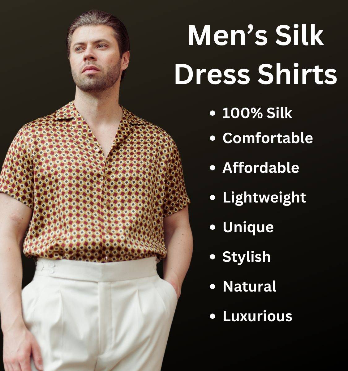 model standing in the garden wearing a short sleeve gold bowling silk shirt from 1000 kingdoms