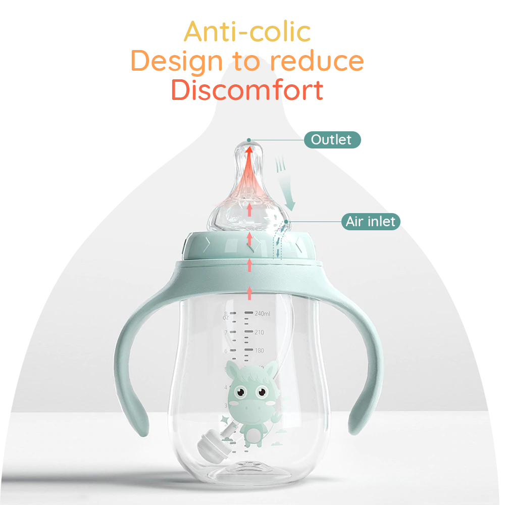 Anti-colic SuperTots baby bottle with air outlet and inlet