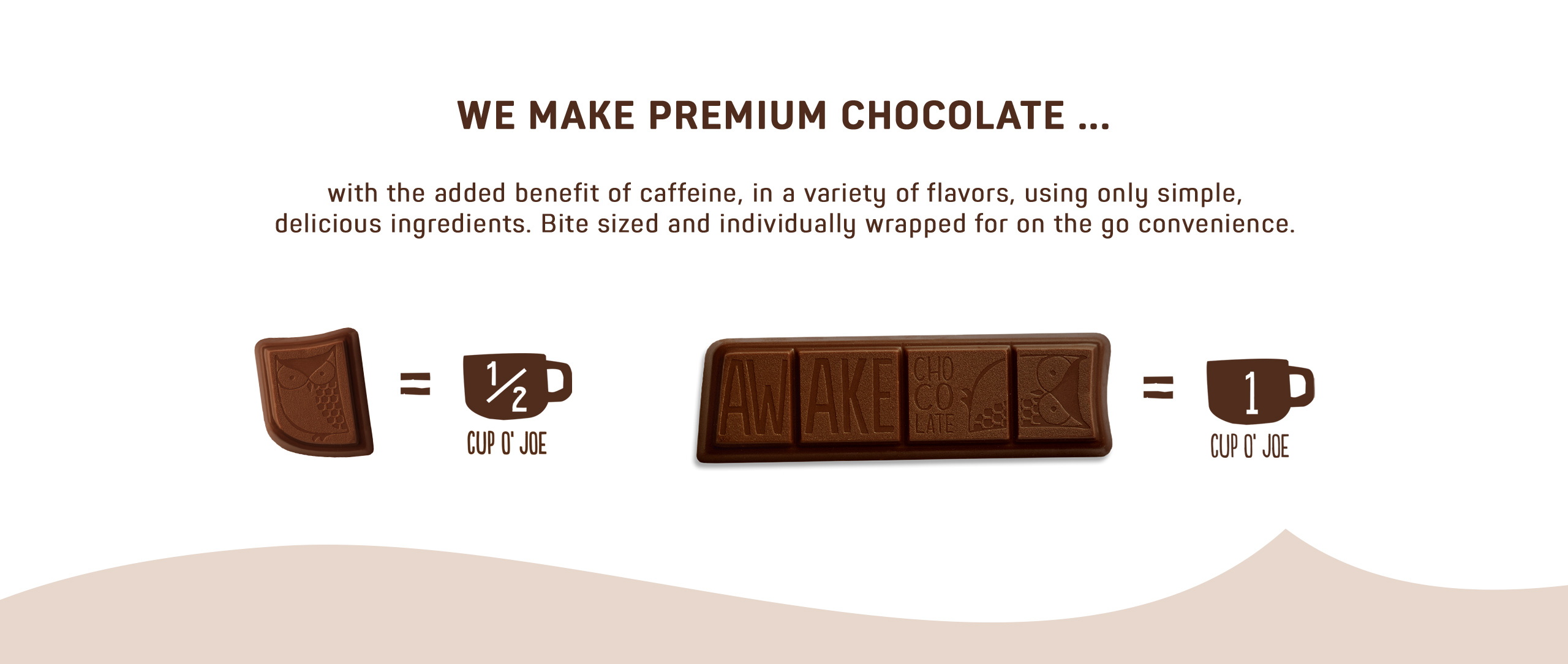 We make premium chocolate in a variety of flavors, made with a combination of high-quality chocolate, the benefit of caffeine, simple, delicious ingredients, and no-mess convenience. One mini-bite equals one half cup of joe. One bar equals one cup of joe.