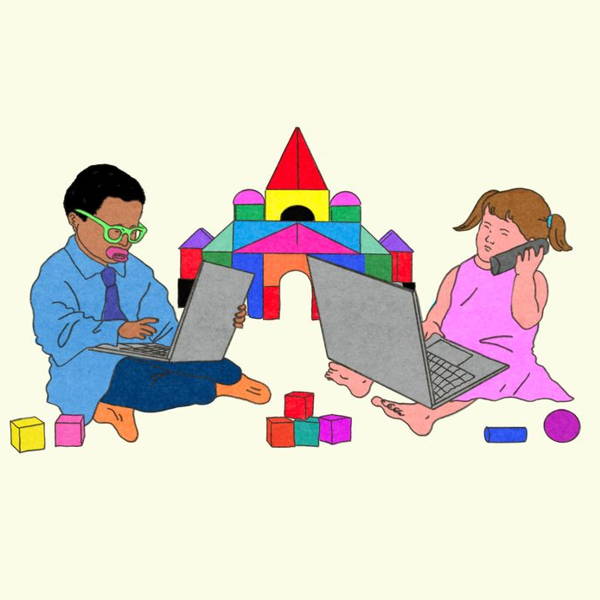 Illustration of two babies working, holding laptops.