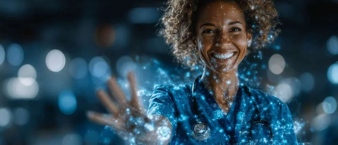 Hospital administrator using futuristic holographic staffing system with medical team