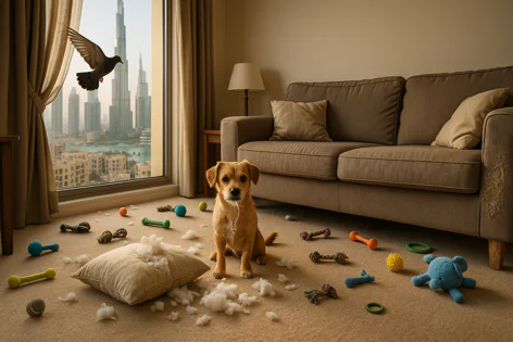 Golden dog sitting amidst messy toys and pillow stuffing in a room with a view of the Burj Khalifa and a flying pigeon outside the window.