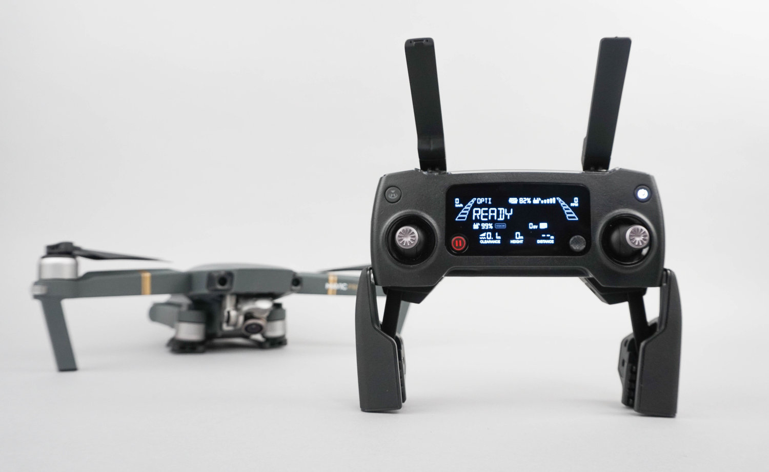 The controller is designed to give operators the most user-friendly experience possibly when flying their drone. The remote features a built-in LCD telemetry screen display, as well as dedicated buttons for flight modes such as Return-to-Home, and a pause/play button. The OcuSync video transmission system gives the Mavic Pro a range of up to 7 km with an increased resistance to any interference. At a short range, the Mavic can stream live footage at a resolution of 1080p, and can allow photo and video downloads at 40 MB/s. Users can also easily switch between 1080p and 720p manually. 