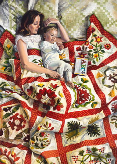 A young mother wrapped up in a quilt lying on a bed with her toddler.