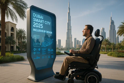 Man in a wheelchair viewing a large digital screen displaying "Dubai Smart City 2025 Inclusive by Design" and data, with the Dubai skyline and Burj Khalifa in the background.