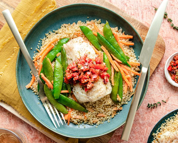 Photo of Mediterranean Cod with Quinoa, Snap Peas & Tapenade (FOIL PACK)