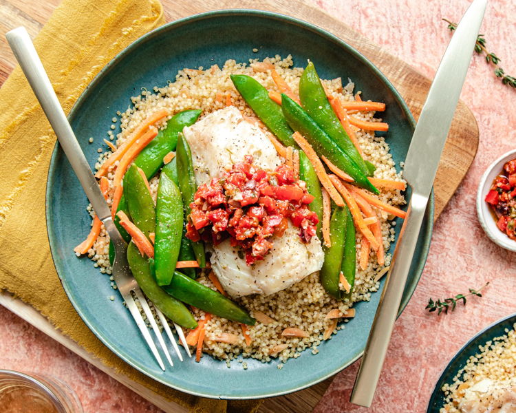 Photo of Mediterranean Cod with Quinoa, Snap Peas & Tapenade (FOIL PACK)