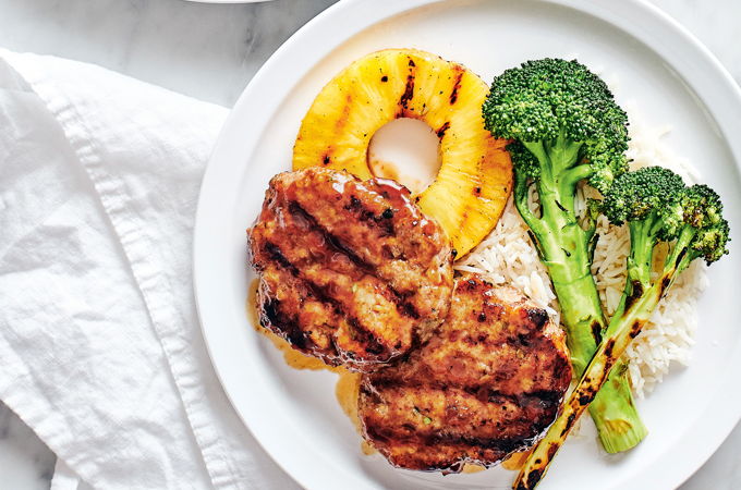Pork Patties with Grilled Pineapple and Broccoli