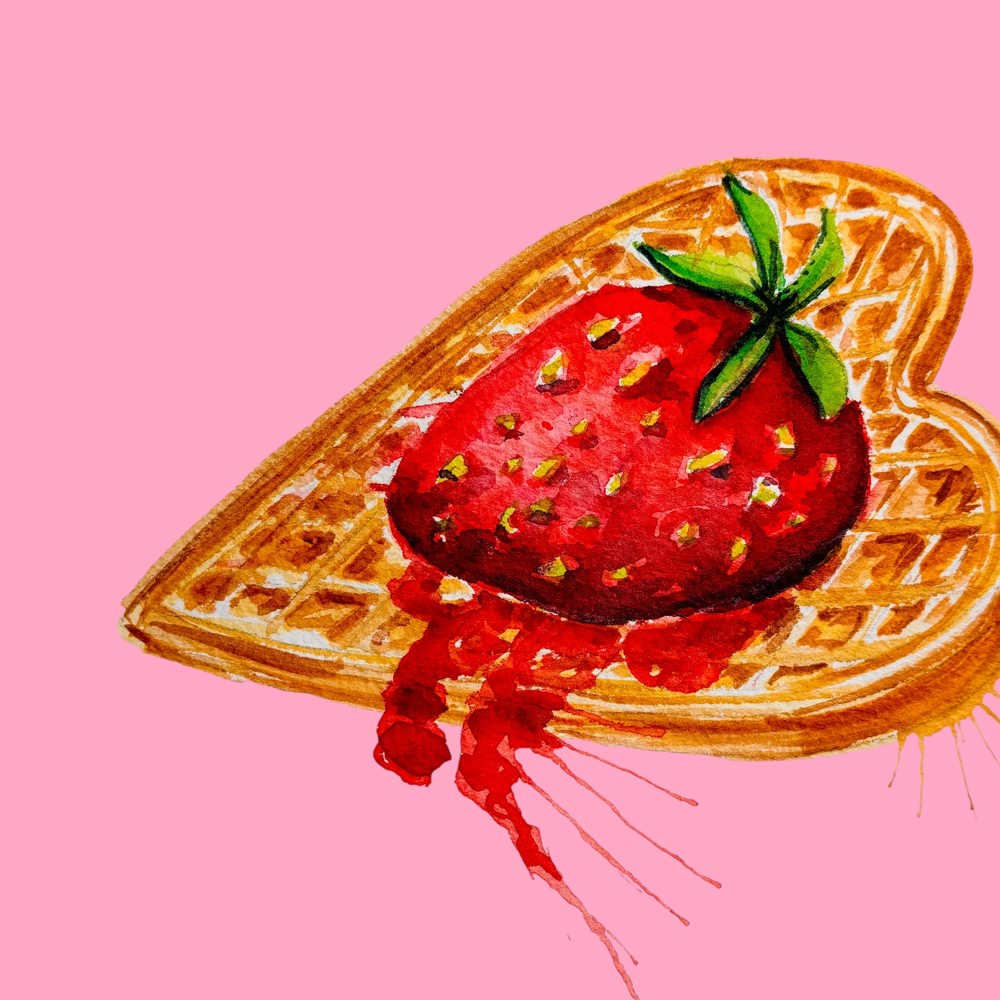 Jordbær kunsttrykk, postkort og sticker