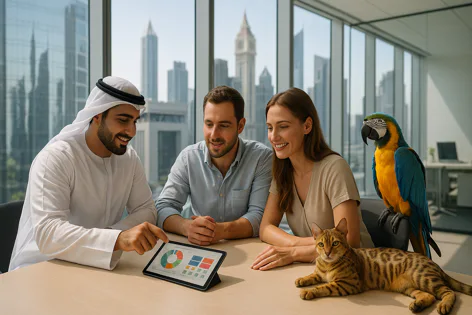 A diverse group looks at a tablet with business charts in an office with a city view. A Bengal cat and blue and yellow macaw parrot are on the table.