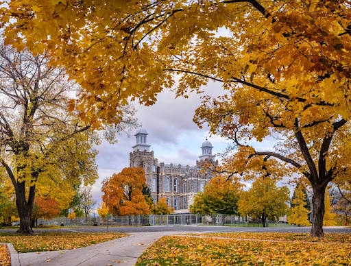 The Logan Temple sourrounded by orange leafy orange trees.