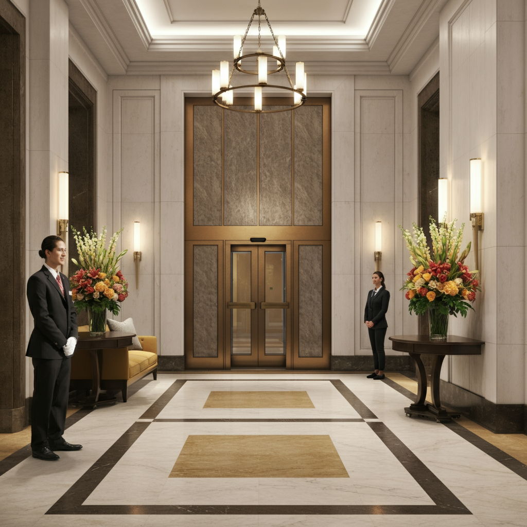 A sophisticated lobby in a Gold Coast building featuring marble floors, elegant seating areas, fresh flower arrangements, and a professional doorman greeting residents. This image highlights the service amenities that distinguish premium properties and create value beyond the individual unit.