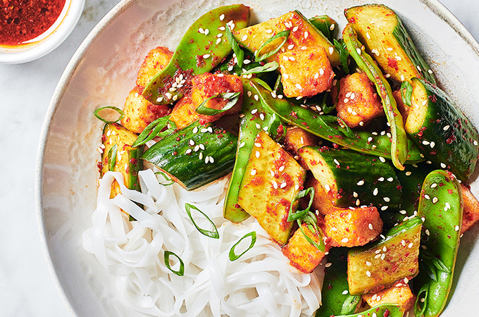 Fried Tofu Bowl with Green Vegetables and Rice Noodles
