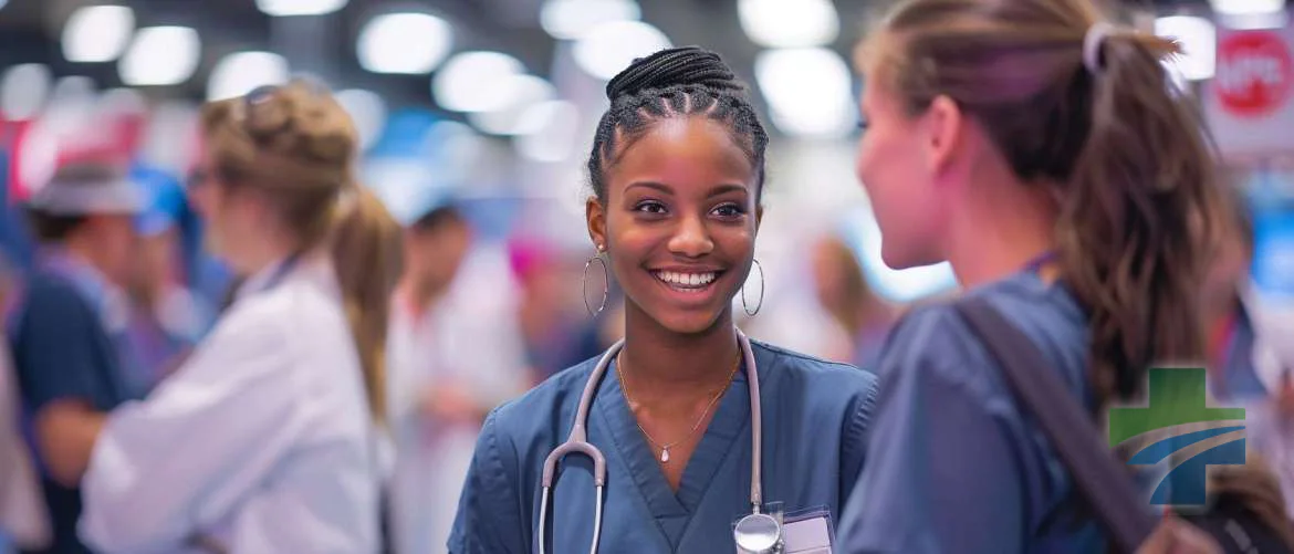 Dynamic healthcare job fair bustling with eager nurses and recruiters