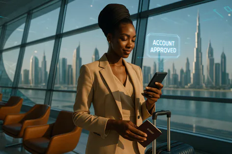 A Black woman in a tan suit looks at her phone showing "ACCOUNT APPROVED". She holds a passport and suitcase near a window overlooking the Dubai skyline.