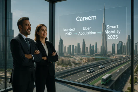 Two business professionals stand in an office looking out at the Dubai skyline and highway, with a Careem timeline graphic overlay.
