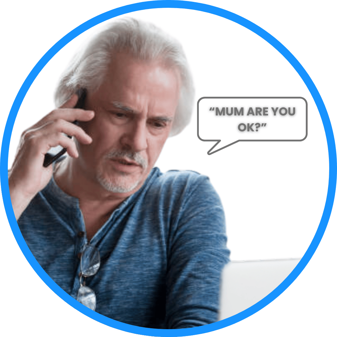Emergency contact answering a mobile phone call with 'Mum, are you ok?' after receiving an SOS alert from the MindMe Pro SM 4G SOS GPS pendant. Text reads: 'Emergency contacts receive a voice call and a conversation takes place with the wearer.' The MindMe Pro SM pendant is the best fall alarm for individuals assessed with fall risks and slip risks, providing immediate emergency assistance and peace of mind for the elderly in Australia.