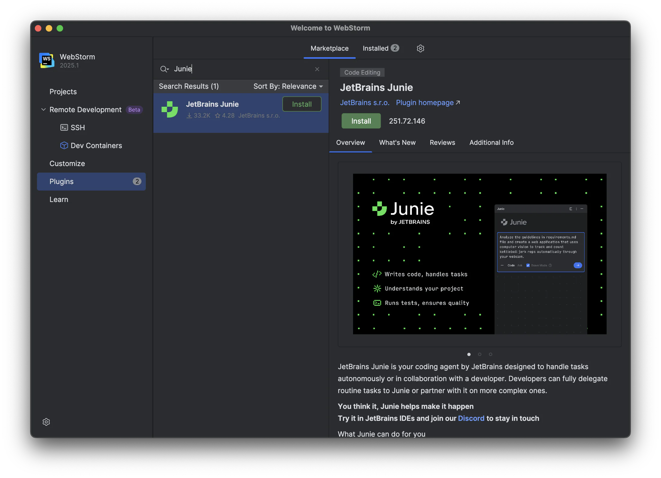 JetBrains IDE plugins window with Junie in the list JetBrains IDE plugins window with Junie in the list