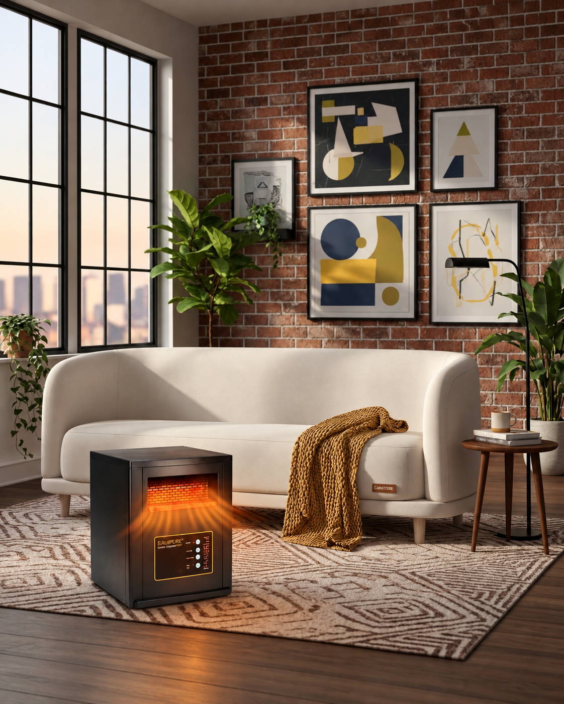 EdenPURE space heater providing supplemental warmth in a large living room
