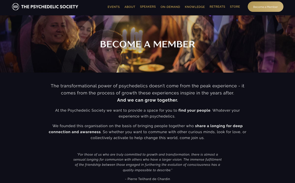 Screenshot of Psychedelic Society (UK) , from the squarespace membership websites collection.