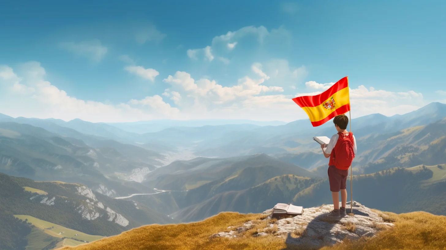 étudiant au sommet des Pyrénées avec un drapeau espagnol