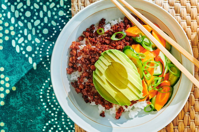 Korean-Style Rice Bowls with Caramelized Pork and Avocado