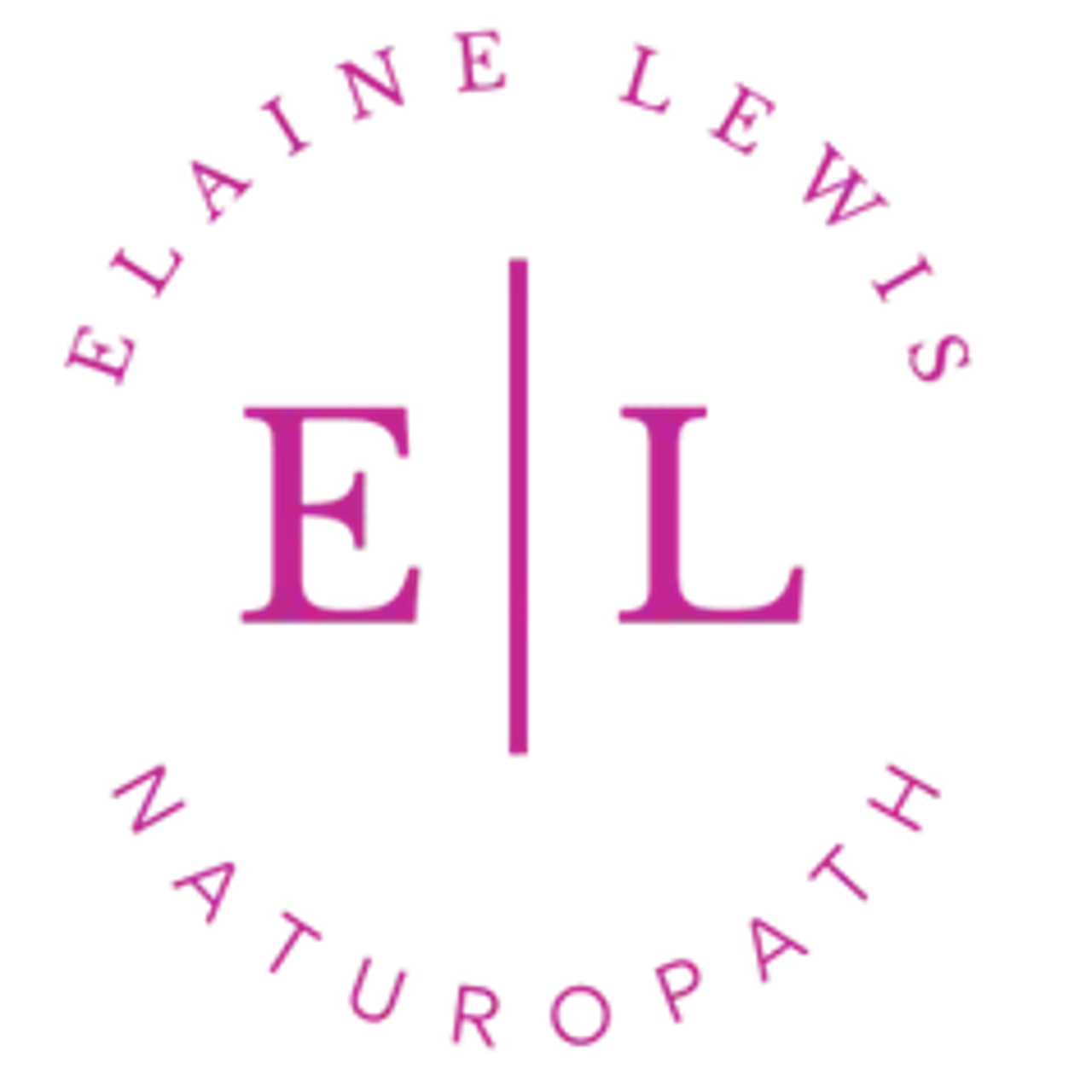 Logo for Elaine Lewis Naturalopathy: magenta "EL" split by a vertical line, circle text around.