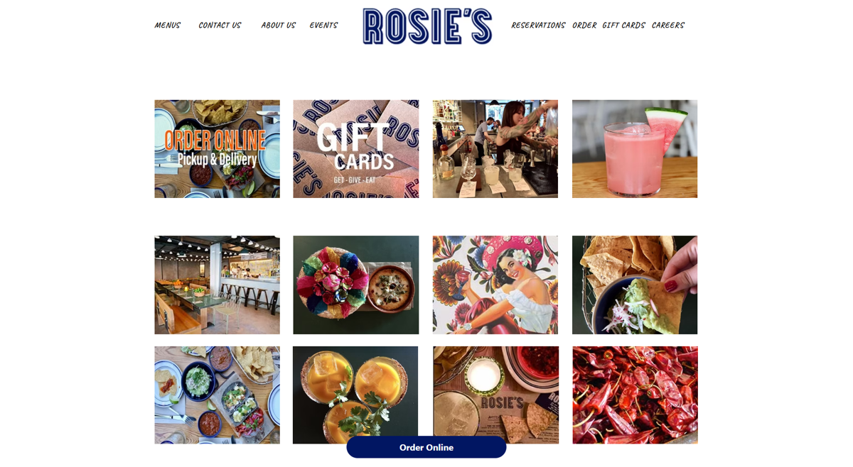 Screenshot of Rosie's NYC, from the wix restaurant website examples collection.