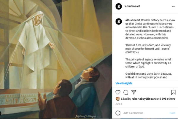 Instagram post featuring a Jorge Cocco painting of an angel appearing to Joseph Smith and Oliver Cowdery.