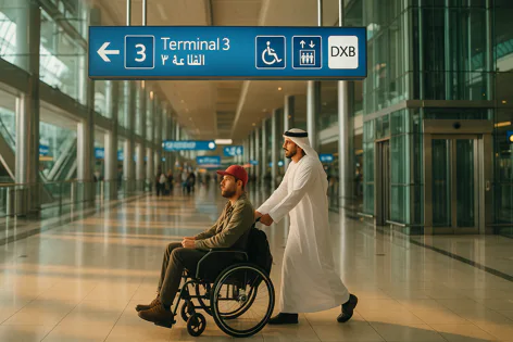 Airport staff assists a passenger in a wheelchair walking through a modern terminal, passing a sign for Terminal 3, accessible services, elevators, and DXB.