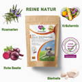 VierBeinerGlück Immune - Rote Beete Drops zum Zeckenschutz enthalten Kokosöl, Zistrosenkraut, Lavendel, Rosmarin, Schwarzkümmelöl, einen Kräutermix und weitere Wirkstoffe. Die Drops sind hypoallergen und sehr gut verträglich auch für empfindliche Hunde.