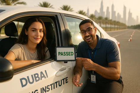 A smiling student in a white car with an instructor pointing to a 'Passed' sign on the door at Dubai Driving Institute, with the city skyline in the background.