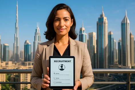 Smiling woman in beige blazer holding a tablet with recruitment app open in front of the Dubai skyline.